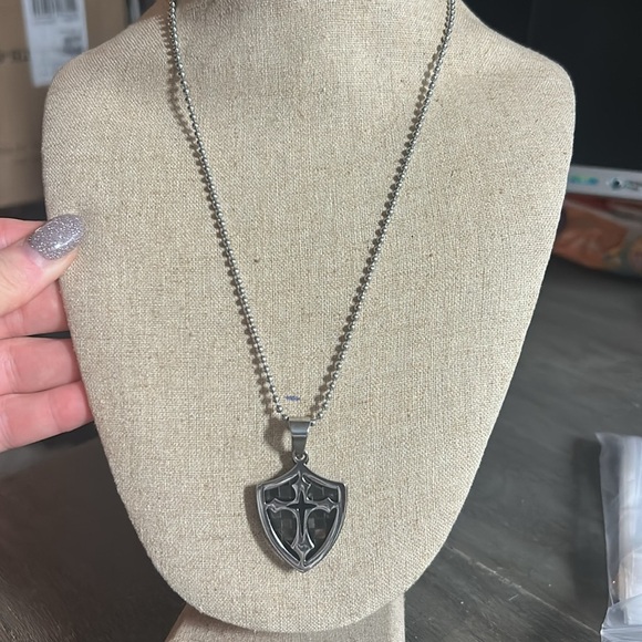 Stainless Steel Shield and Cross Pendant Necklace - Picture 2 of 2